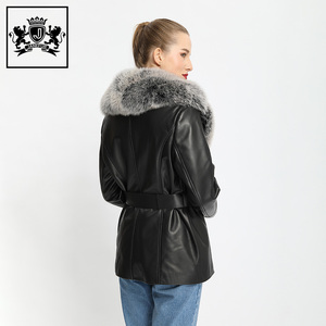 Janefur New Arrival Black Luxury Ladies Sheep Skin Belted Coat With Full <strong>Real</strong> Fox Fur Collar Woman Winter <strong>Real</strong> <strong>Leather</strong> <strong>Jacket</strong> - Product Image 3