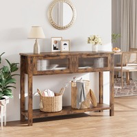 Table console vintage en MDF brun facile à assembler avec 2 tiroirs à façade en verre, étagère inférieure, table d'entrée, table de salon, table de couloir