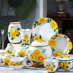 Juego de Platos y Tazones de Cerámica con Diseño de <span class=keywords><strong>Girasol</strong></span>, Pintados a Mano, Estilo Retro de Lujo Ligero para Sala de Estar - Product Image 2