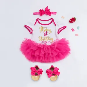 Q21116-Conjunto de falda de tutú de estilo personalizado para fiesta de primer cumpleaños, trajes de bebé con diadema, 4 Uds.