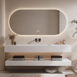 Meuble-lavabo mural moderne et minimaliste personnalisé pour salle de bain avec lavabo intégré et miroir rétroéclairé LED anti-buée - Product Image 1