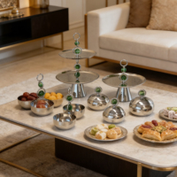 Ramadan & bruiloft decoratie 2026: metalen aluminium fruitschaal & serveerschalen set, groene kralen handvat, Art Deco design, hittebestendig