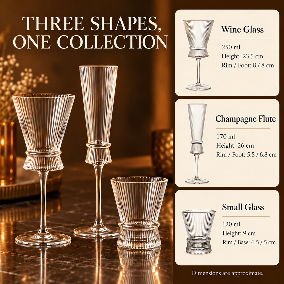 Ribbed stemmed glasses and a short tumbler shown together