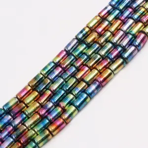 Perline di vetro stampate a forma di colonna placcate Color arcobaleno 6x10mm per la creazione di gioielli