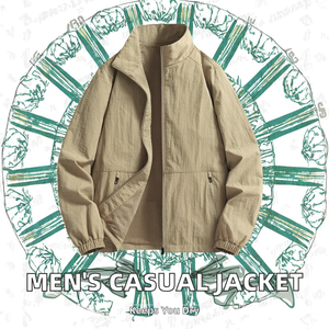 Men's Spring Autumn Varsity <b>Jacket</b> ODM Finished <b>Waterproof</b> Windproof Polyester/Cotton Hoodless Stand Collar <b>Thin</b> Zipper Front - Product Image 2