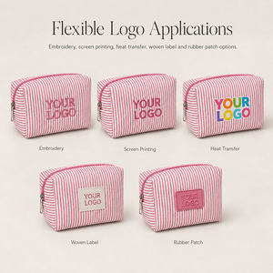 Bolsa de Maquillaje Premium a Rayas con Logotipo Personalizado, Bolsa de Aseo de Tela Seersucker con Bolsas Protectoras de Marca, Bolsa de Cosméticos de Lujo para Venta al por Menor - Product Image 5
