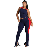 Ensemble deux pièces côtelé sexy pour femme KY Wholesale : Crop Top et Legging taille haute à rayures rouges, ourlet évasé fendu, style Athleisure