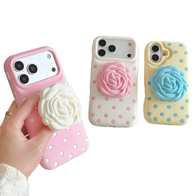 3D Cute Rose Flower Polka Dots Case for 16 Pro Soft Silicone Shockproof Cover