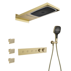 Brass 4 Function Constant Temperature Button Concealed Shower Set LED square Waterfall Rain Shower Top <b>Spray</b> - Product Image 1