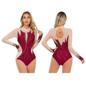 Justaucorps de danse pour femme à manches longues, col montant, en maille, orné de strass, motif flamme, coupe haute, pour spectacle sur scène, personnalisé - Product Image 2