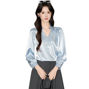 Women's V-neck Satin Shirt Long Sleeve Blue Office Wear Elegant Top Solid Color Polyester Fiber - Product Image 5