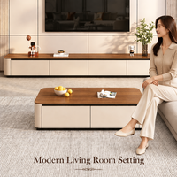 Ensemble de meubles de salon modernes bicolores avec plateau en bois de noyer et corps crème, design sans poignées, écologique et durable