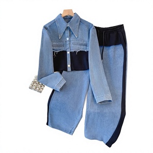 Women Denim Patchwork Tracksuit Set Casual Full Sleeve Turn-<b>down</b> Collar Long <b>Pants</b> Color Blocking Loose Fit Spring Style - Product Image 2