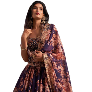 Organza Lehenga Choli pour femmes imprimé floral violet pour les festivals - Product Image 1