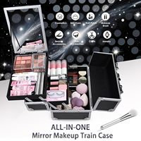 Organisateur de maquillage portable en aluminium avec miroir, plateau à 2 niveaux, fermeture à verrouillage, étanche, antichoc, boîte de toilette de voyage pour cosmétiques et produits pour les ongles