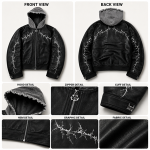 Chaqueta con capucha de cuero personalizada OEM con cremallera, impermeable, para hombre, estilo universitario, con estampado de <span class=keywords><strong>Fear</strong></span> Black Hole y lavado ácido. - Product Image 3