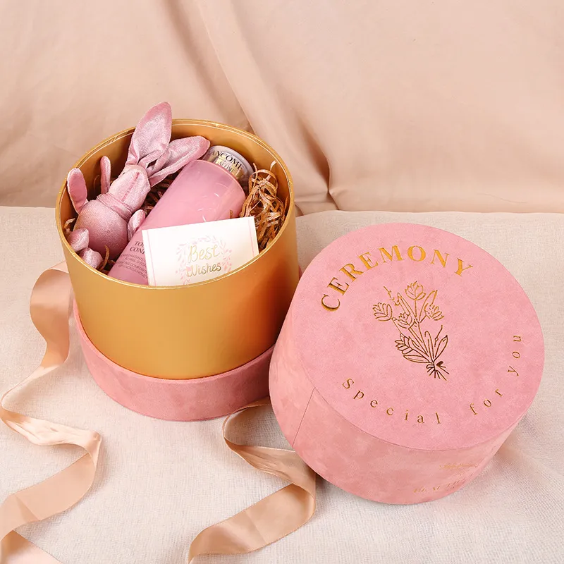 Boîte cadeau ronde en velours, boîte cadeau de bonbons de mariage rose perle