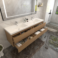 Set Meja Rias Kamar Mandi Kayu Modern Mewah Jerome Ukuran Besar 72 Inci dengan Cermin LED dan Wastafel Ganda