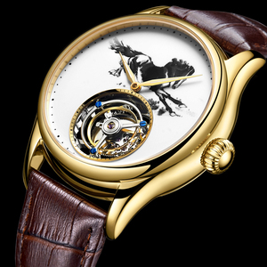 Montres mécaniques tourbillon pour hommes, design peinture à l'encre du cheval du zodiaque chinois, cristal saphir de luxe, acier 316L, étanches - Product Image 1