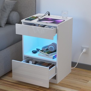 Mesita de noche inteligente de diseño moderno, mesitas de noche con <span class=keywords><strong>2</strong></span> cajones y estación de carga, luces LED ajustables y altavoz