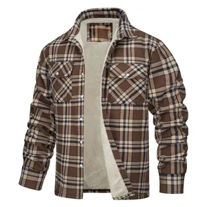 Mens dài tay áo đứng cổ áo kẻ sọc flannel Áo sơ mi áo khoác nút xuống cực Fleece lót áo khoác