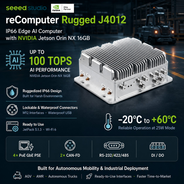 Seeed Studio ReComputer Rugged J4012 IP66 Industrial Edge AI Computer with NVIDIA Jetson Orin NX 16GB 100 TOPS 128GB NVMe SSD