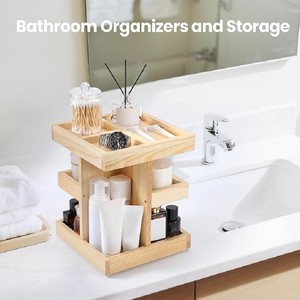 Rotating Solid Wood Cosmetic Organizer Tiered <b>Desktop</b> Storage For Makeup And Skincare Items Natural Wood Color - Product Image 5