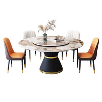 Ensemble de table à manger ronde en pierre frittée de marbre italien avec plateau tournant rond et chaises pour 6 personnes, pieds en métal, cuisine à domicile