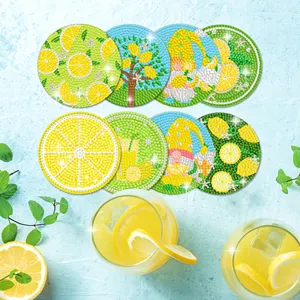 TH003 Lemon Party DIY Diamond Round acrilico Art Painting sottobicchieri Set 8 pezzi con supporto per Fruit Party