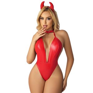 Body <span class=keywords><strong>sexy</strong></span> dos nu décolleté en V profond Lingerie pour femme Body dos nu en cuir PU métallisé avec bandeau Club Cosplay Outfit - Product Image 1