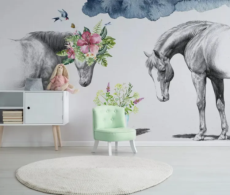 Kreative Blumen tapeten entwürfe für Schlafzimmer Schwarz-Weiß-Paar Pferd Wandbild Tapete
