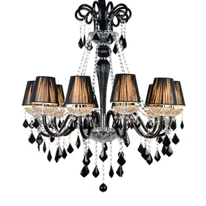 Black crystal chandelier European retro church long chandelier villa home with lampshade white decorative lighting