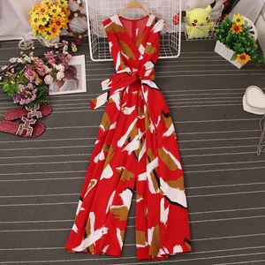 Tuta da donna estiva nuovo stile <span class=keywords><strong>Chiffon</strong></span> pantaloni larghi a vita alta senza maniche con stampa Slash tute alla moda - Product Image 3