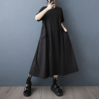 Nouvelle Robe Longue Tricotée Femme 2026, Taille Élastiquée, Col Rond, Manches Courtes, Coupe Ample, Poches Plaquées, Grande Taille, Style Gothique Sombre, Été, Vente en Gros