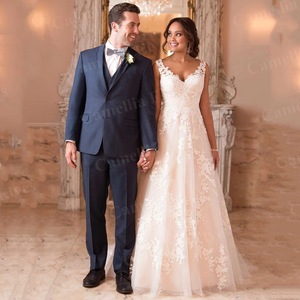 White A-Line Lace Wedding Dress V-Neck Natural Waist Floral Print Polyester Fiber For Petite Brides - Product Image 2