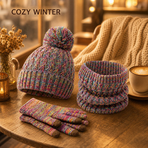 Ensemble bonnet et gants longs en tricot multicolores pour adultes, 100% acrylique, chauds, compatibles avec les écrans tactiles, pour l'hiver - Product Image 4