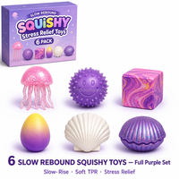 Southpeak Toy Lot de 6 jouets anti-stress à récupération lente, motifs Méduse, Coquillage, Coquille Saint-Jacques, Boule à picots, Cube marbré, couleur Océan Violet, 21x19cm, MOQ48 OEM WS