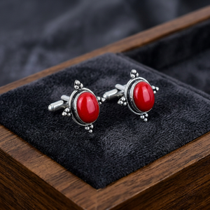 Boutons de manchette en argent plaqué, faits à la main, avec pierres précieuses de corail rouge italien - Product Image 2