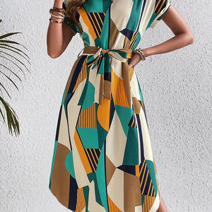 Women's 2026 European and American vacation style color block dress with belt <b>short</b>-sleeved <b>skirt</b> - Product Image 1