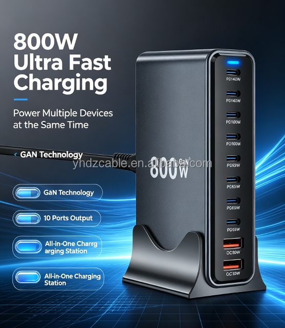 High Quality Multi-Function Charger Pd Adapter 3 USB+7 Type-c 10 Ports Desktop Charger Station for Phone Tablet and Laptop