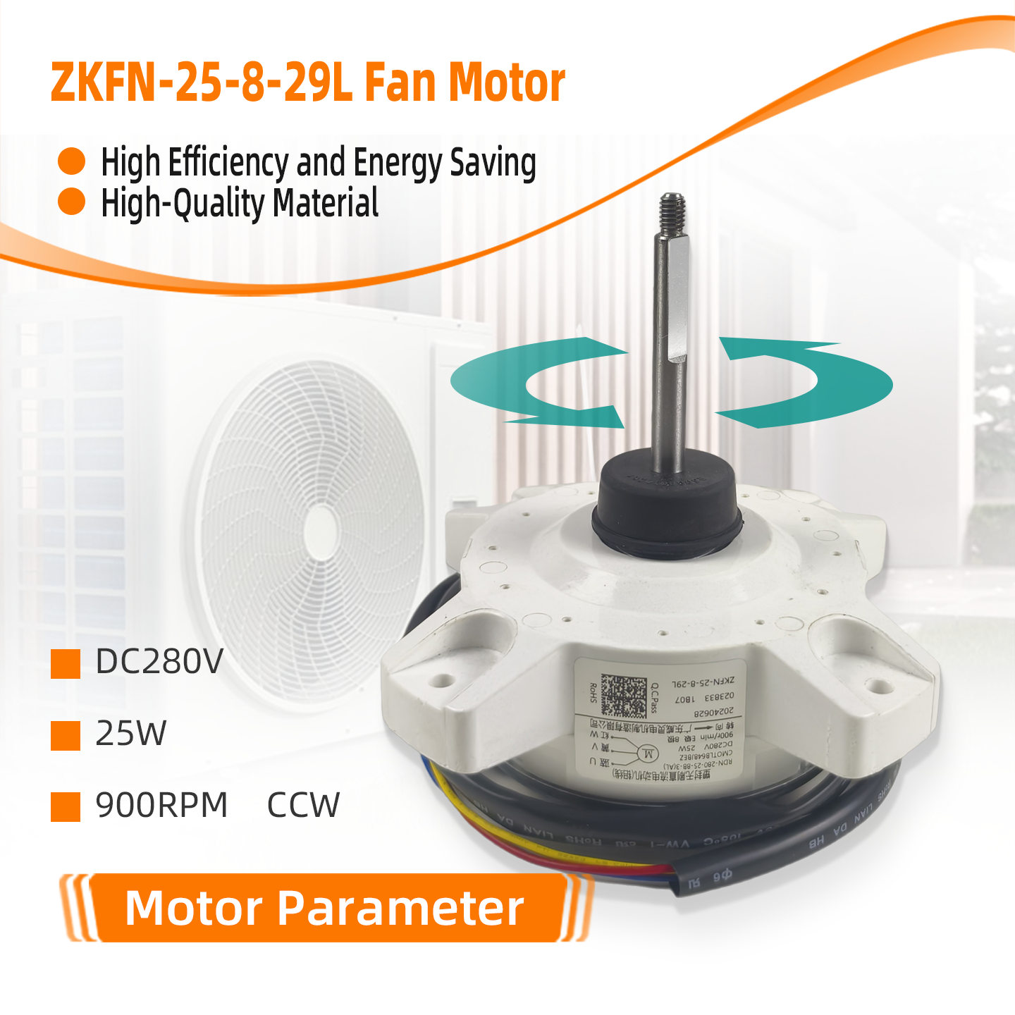 ZKFN-25-8-29L Indoor Fan Motor DC280V 900RPM 25W CCW ECL 8poles