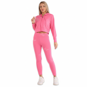 Tuta da donna rosa con cappuccio, set completo con cerniera, casual, traspirante, in spandex e poliestere, vestibilità aderente, tinta unita, per la primavera - Product Image 1