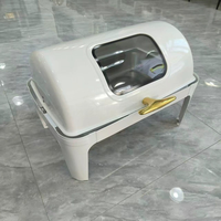 Calentador de Buffet QYING a Alcohol de 6L, Redondo, de Lujo, con Tapa Enrollable Blanca, de Acero Inoxidable 201, con Tapa de Vidrio