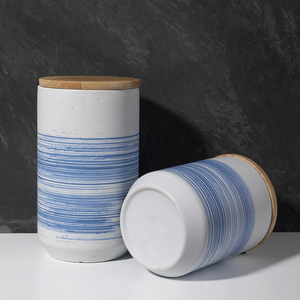 Cuenco de cubierta de bambú blanco y azul de <span class=keywords><strong>Merlin</strong></span> Living con tarro de cerámica nórdico dibujado a mano, decoración de lujo para el hogar, almacenamiento de alimentos - Product Image 4
