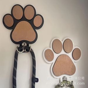 Wooden Paw Print Wall <b>Hook</b> Dog Leash Rack <b>Black</b> And White Animal Shape Durable Wall Mounted Coat Hanger Storage Rack - Product Image 1