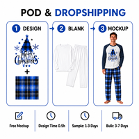 Ensemble de pyjamas de Noël personnalisés à carreaux bleu marine, manches raglan, assortis pour la famille, en polyester, pour hommes, femmes et enfants, livraison directe, POD, MOQ 1 pièce