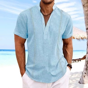 Camisa Casual de Algodón y Lino para Hombre, Estilo <span class=keywords><strong>Guayabera</strong></span> Cubana a Rayas con Cuello Mao, Manga Corta, Sin Planchado, Venta Caliente 2026 para Comercio Exterior - Product Image 6