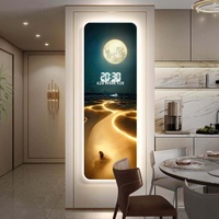 Jam Dinding Digital Motif Ombak Laut dengan Lampu, Dekorasi Pintu Masuk, Lukisan Hiasan Ruang Tamu, Fungsi USB/Colokan Listrik, Dekorasi Rumah
