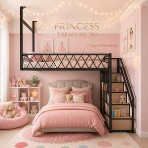 Letto a soppalco per bambini con libreria e scale, struttura in acciaio laminato a freddo, ringhiera a reticolo diamantato, design a due <span class=keywords><strong>letti</strong></span> per la <span class=keywords><strong>cameretta</strong></span> dei bambini - Product Image 3