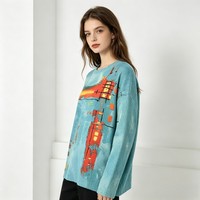Pull en maille douce pour femme, coupe oversize, motif abstrait style peinture à l'huile (AOP), col rond vintage, épaules tombantes, manches longues, décontracté, style artistique